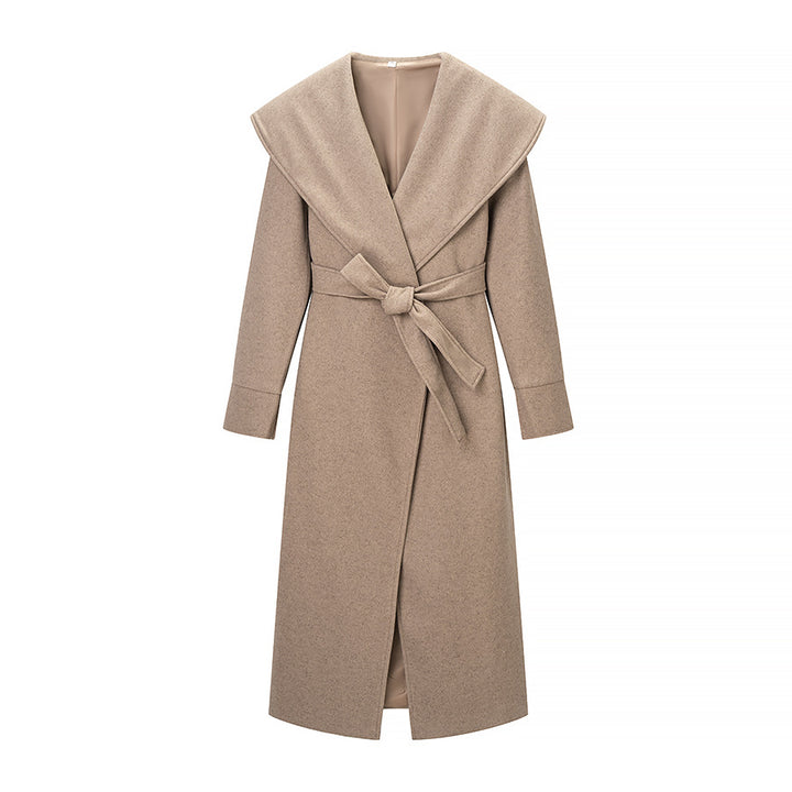 Women's Oversize Wool Blend Coat with Shawl Collar and Casual Maxi Length Mune Fashion