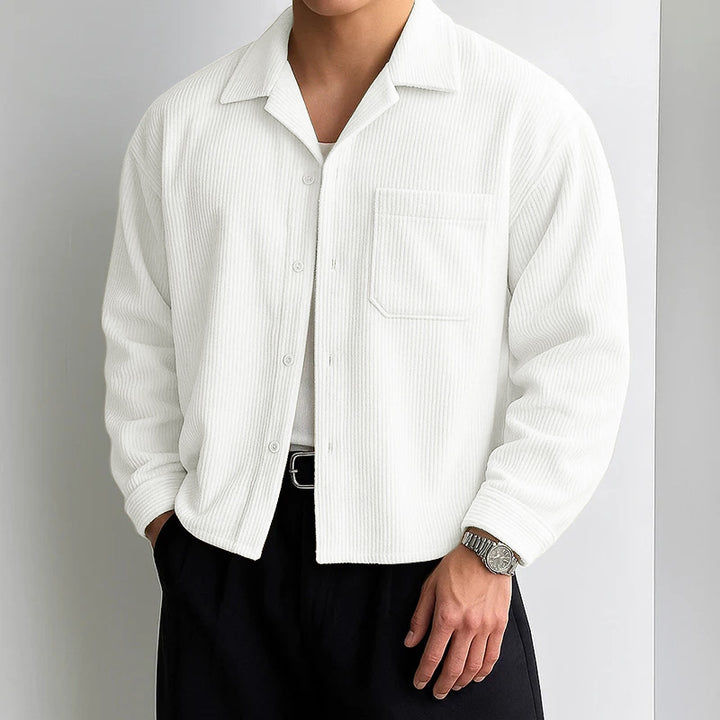 Men's ribbed long sleeve shirt with lapel collar, chest pocket, and relaxed fit Mune Fashion