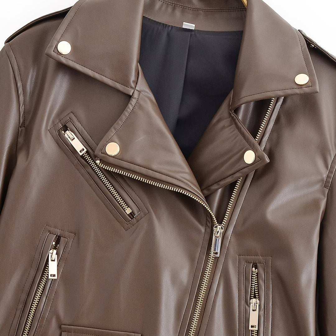 Women's biker jacket made of faux leather with asymmetrical zipper, waist belt, and gold-colored details Mune Fashion