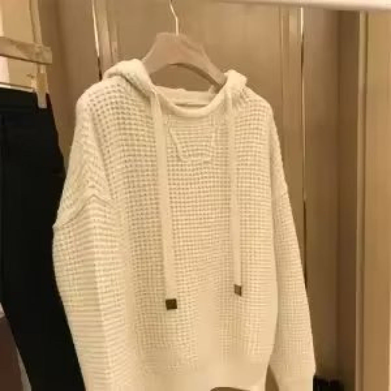 Women's Chunky Knit Oversized Hoodie with Waffle Texture and Drawstring Mune Fashion