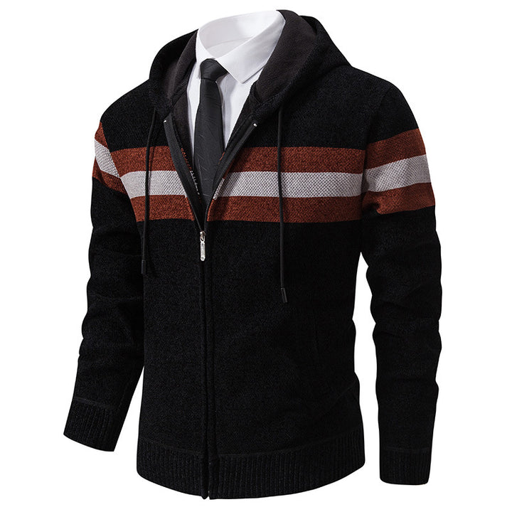 Men's Knitted Hooded Cardigan with Contrast Stripes and Zipper Mune Fashion