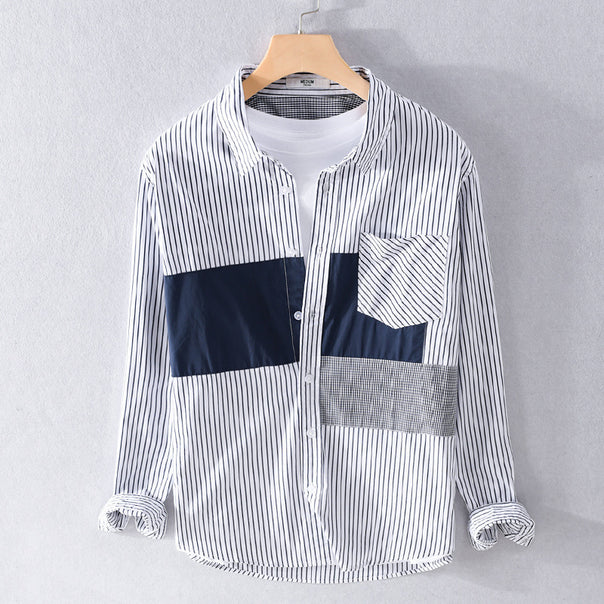 Men's Striped Overshirt with Color Block Inserts and Patch Chest Pocket Mune Fashion