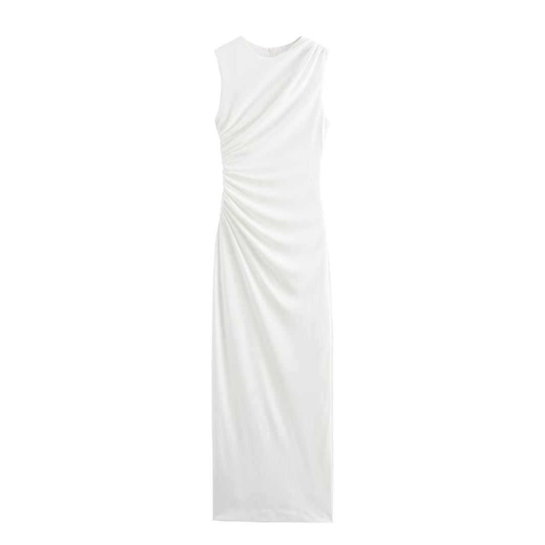 Mune Fashion | Solid Color Round Neck Sleeveless Folded Slim Fit Dress
