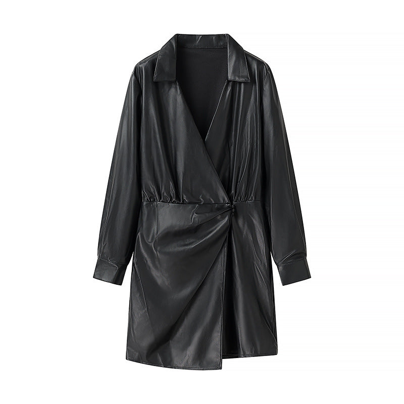 Women's Wrap Faux Leather Mini Dress with Shirt Collar, Gathered Waistline and Cuffs Mune Fashion