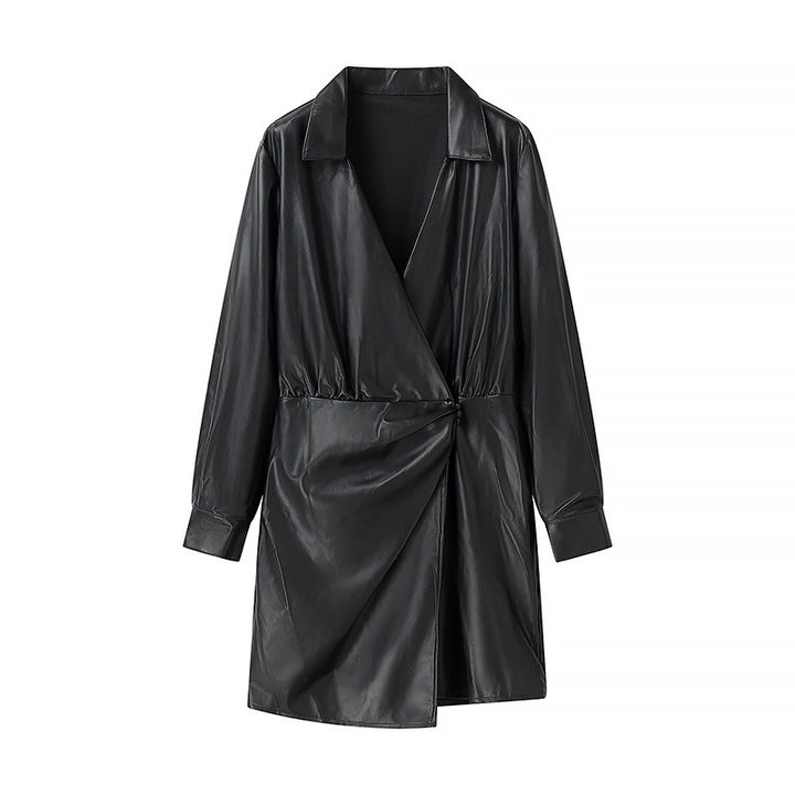 Women's Wrap Faux Leather Mini Dress with Shirt Collar, Gathered Waistline and Cuffs Mune Fashion
