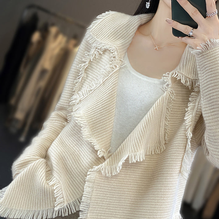 Women’s Long Fringe Knit Cardigan with Large Shawl Collar and Fine Rib Structure Mune Fashion