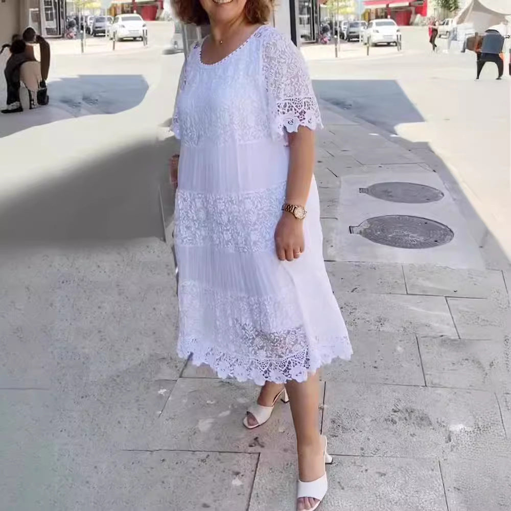 Women's midi dress with lace tiers, pleated inserts and short trumpet sleeves Mune Fashion