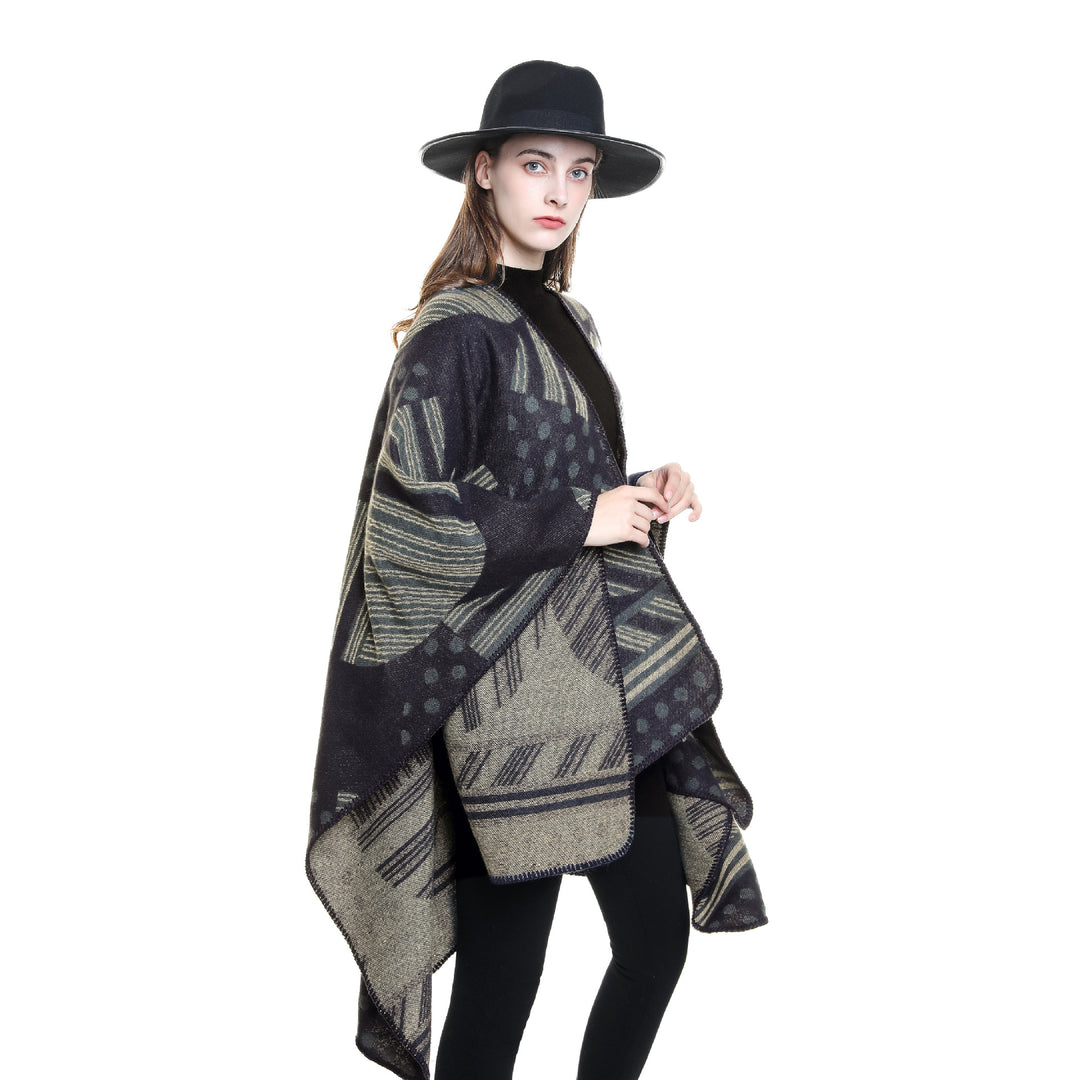 Ladies Jacquard Ruana with graphic pattern and overlock edge Mune Fashion