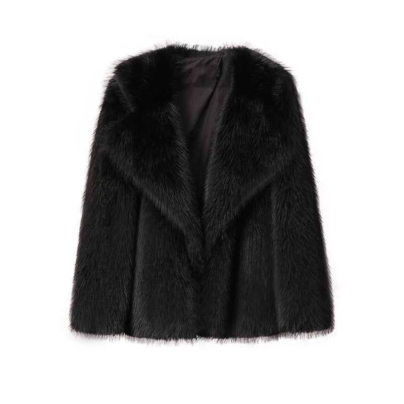 Ladies Luxurious Short Coat made of Long-Pile Faux Fur with Wide Shawl Collar Mune Fashion