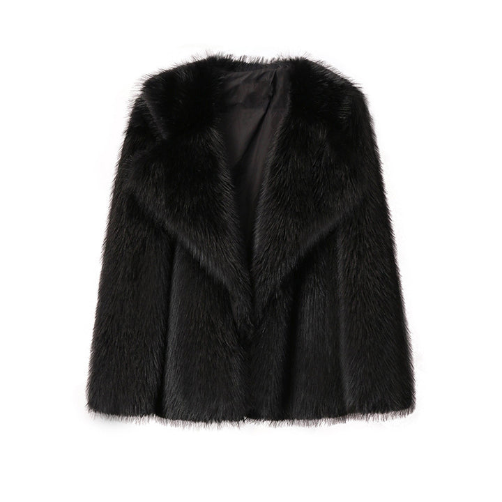 Ladies Luxurious Short Coat made of Long-Pile Faux Fur with Wide Shawl Collar Mune Fashion