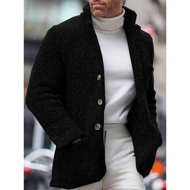Men's chunky knit cardigan jacket with high stand-up collar and patched pockets Mune Fashion