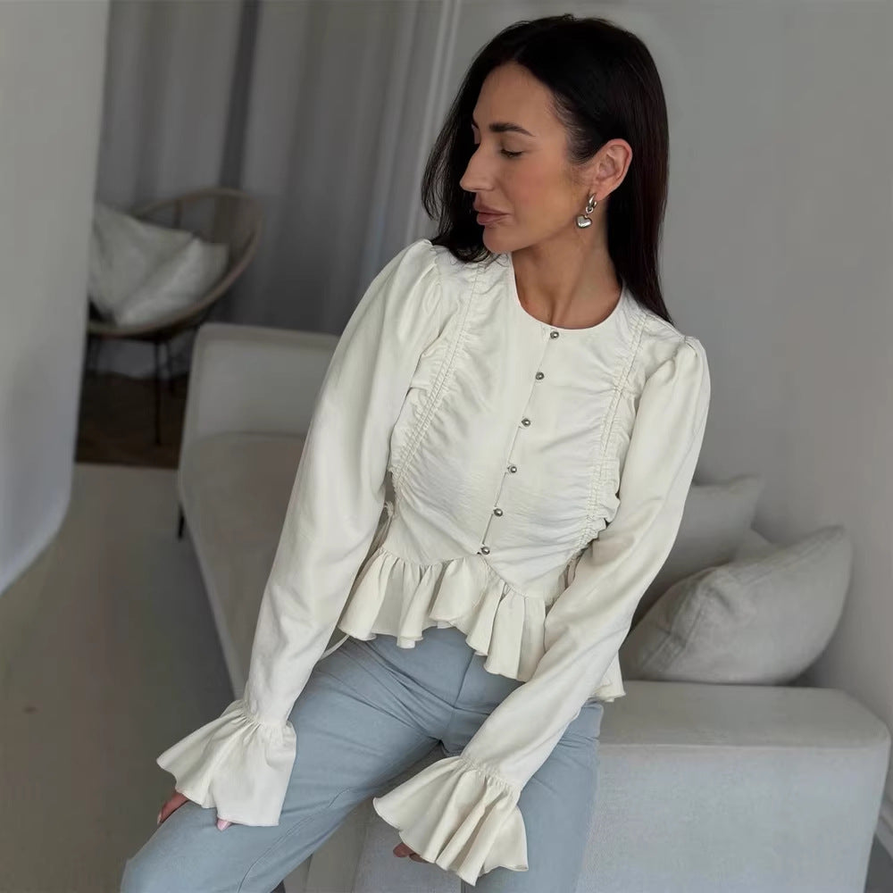 Women's Ruffled Fitted Blouse with Peplum & Puff Sleeves Mune Fashion