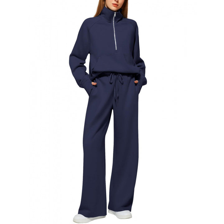 Women's Two-Piece Lounge Set with Half Zip, Stand Collar and Wide Palazzo Pants Mune Fashion