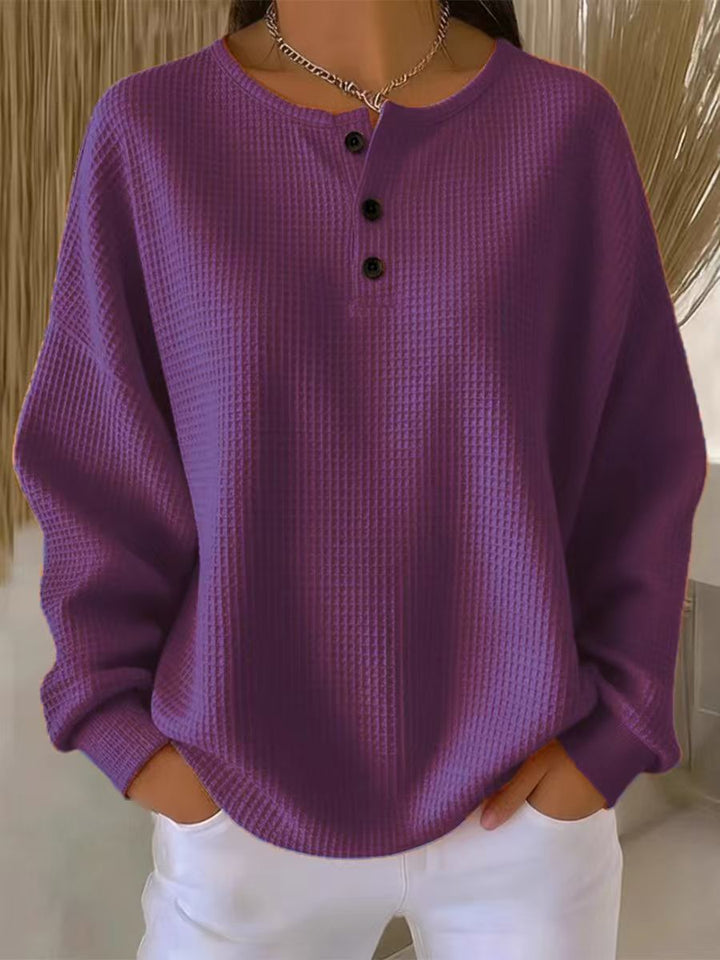 Women's Oversized Waffle Knit Henley Sweater with Button Placket and Rounded Hem Mune Fashion
