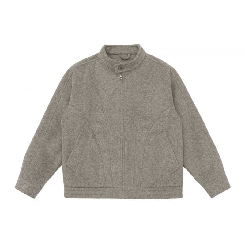 [Unisex] Boxy Wool Blend Zip Jacket in Overshirt Style with Short Stand-Up Collar Mune Fashion