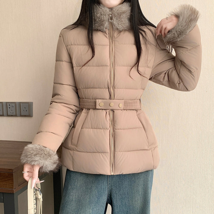Women nan tailored thermal short jacket with elastic waist belt, faux fur collar and faux fur cuffs Mune Fashion