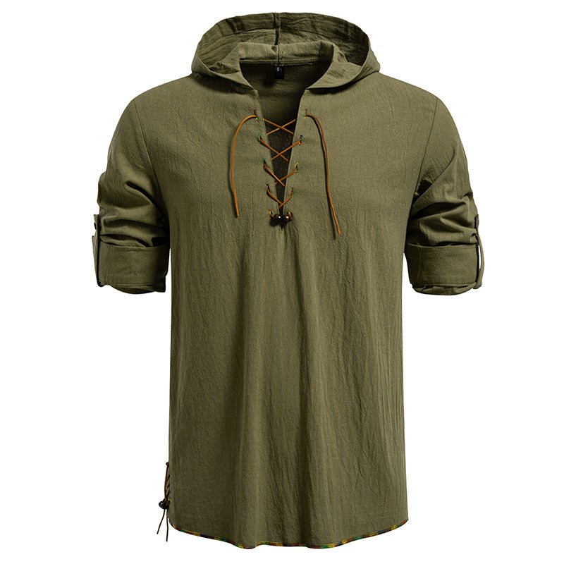 Men's Lightweight Hoodie Shirt with Decorative Lacing, Short Sleeve and Longline Cut Mune Fashion