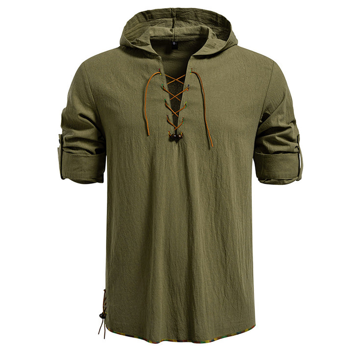 Men's Lightweight Hoodie Shirt with Decorative Lacing, Short Sleeve and Longline Cut Mune Fashion