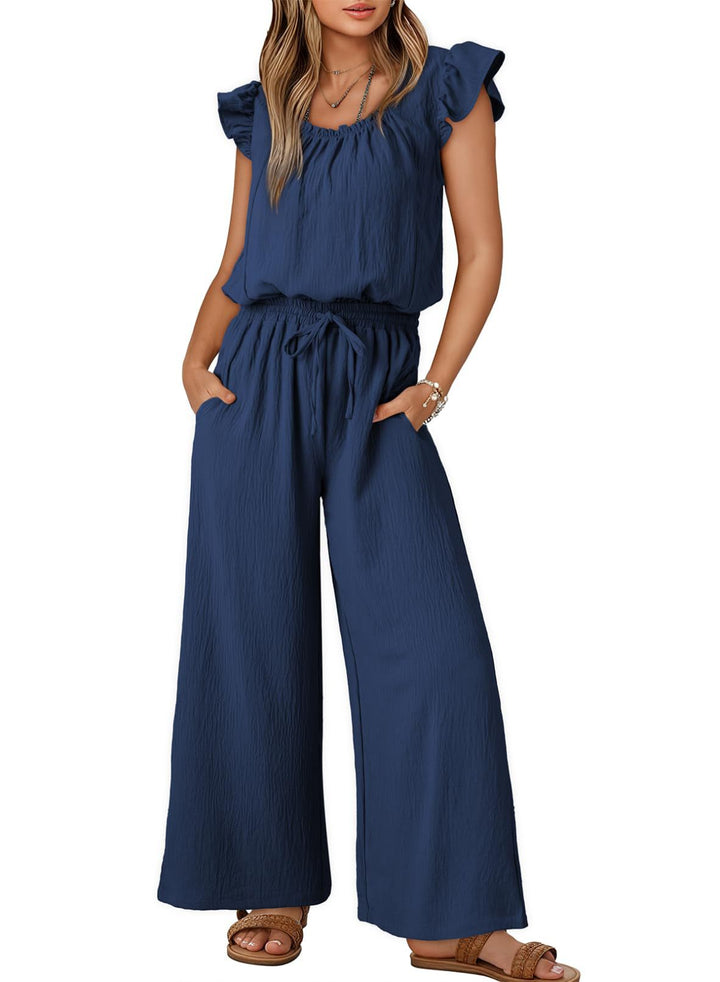 Women's Crinkle Jumpsuit with Wide Leg, Elastic Waistband, and Ruffled Sleeves Mune Fashion