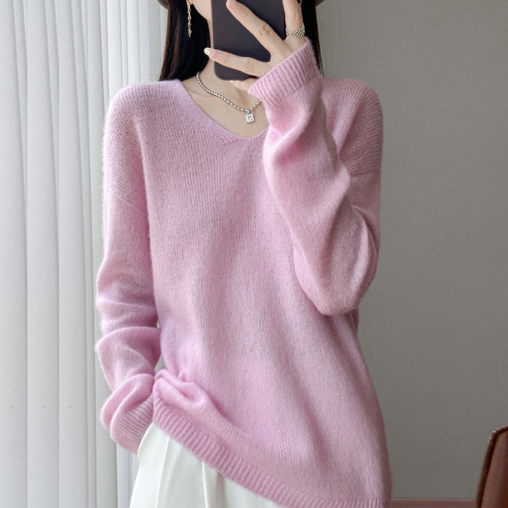Women's Oversized Fine Knit Sweater with Fine V-Neck and Extended Sleeve Hem Mune Fashion