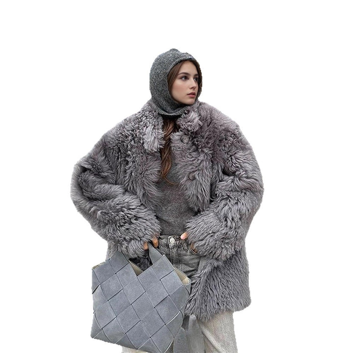 Women's Short Oversize Faux Fur Coat with Voluminous Curly Texture and Button Closure Mune Fashion