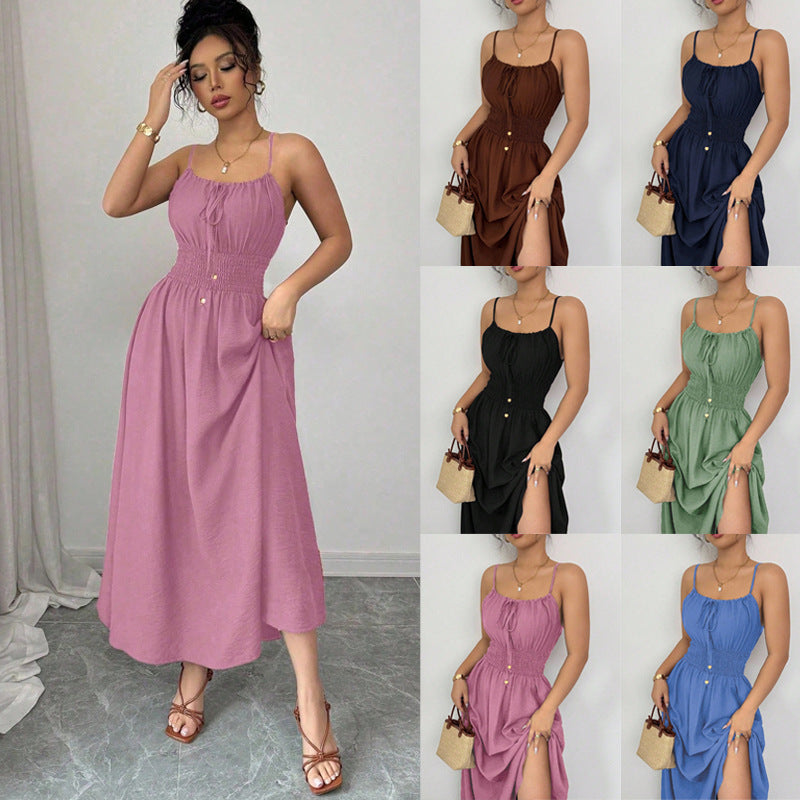Women’s midi dress with smocked waistband, spaghetti straps, and tie cord Mune Fashion