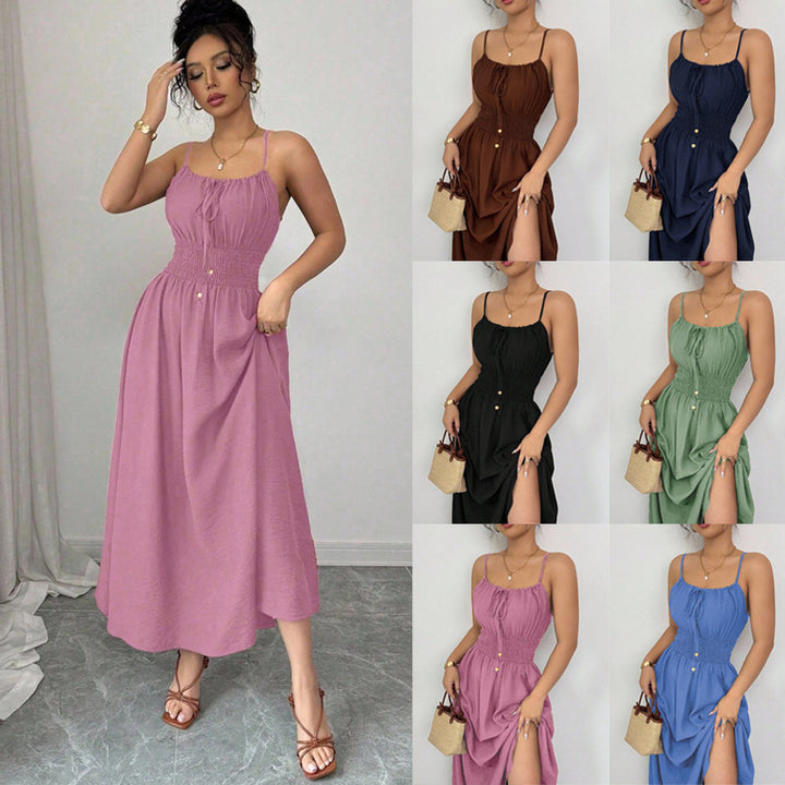 Women’s midi dress with smocked waistband, spaghetti straps, and tie cord Mune Fashion
