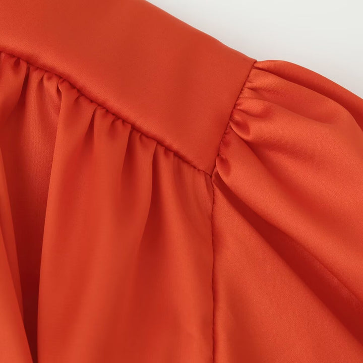 Women's Flowing Satin Blouse with Gathered Back and Balloon Sleeves Mune Fashion