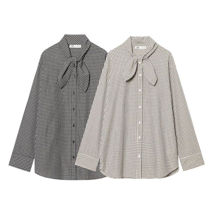Ladies Checked Blouse Shirt with Bow Collar and Casual Fit Mune Fashion