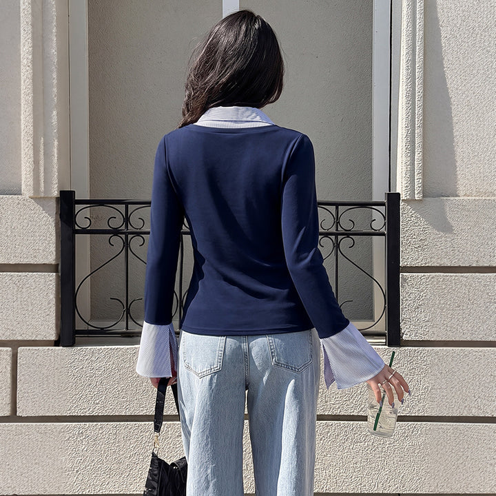 Women Fitted Layering Long Sleeve Shirt with Shirt Collar and Flared Cuffs Mune Fashion