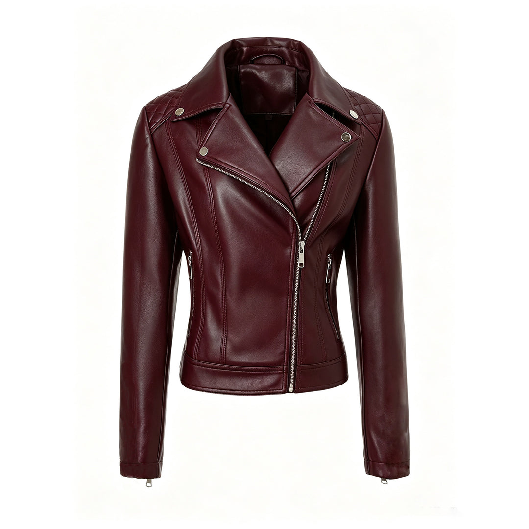 Women Tailored Leather Biker Jacket with Asymmetrical Zipper Mune Fashion