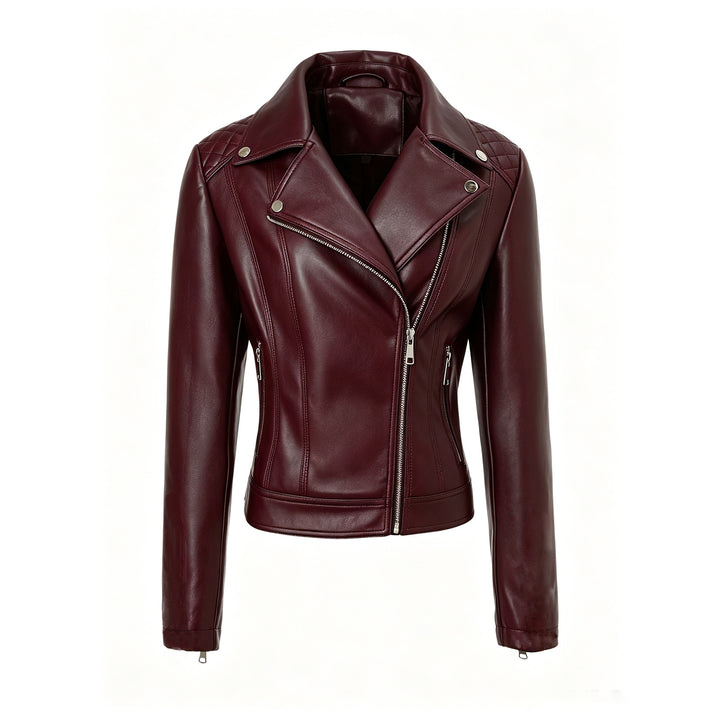 Women tailored biker leather jacket with quilted shoulders and asymmetric zipper Mune Fashion