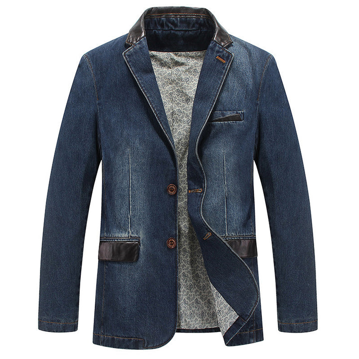 Men's Denim Blazer in Tailored Look with Faux Leather Trim Mune Fashion