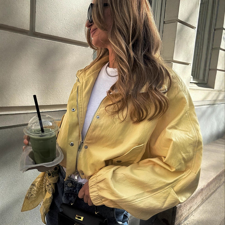 Women's Short Satin Look Bomber Jacket with Zipper, Snap Buttons & Elastic Cuffs Mune Fashion