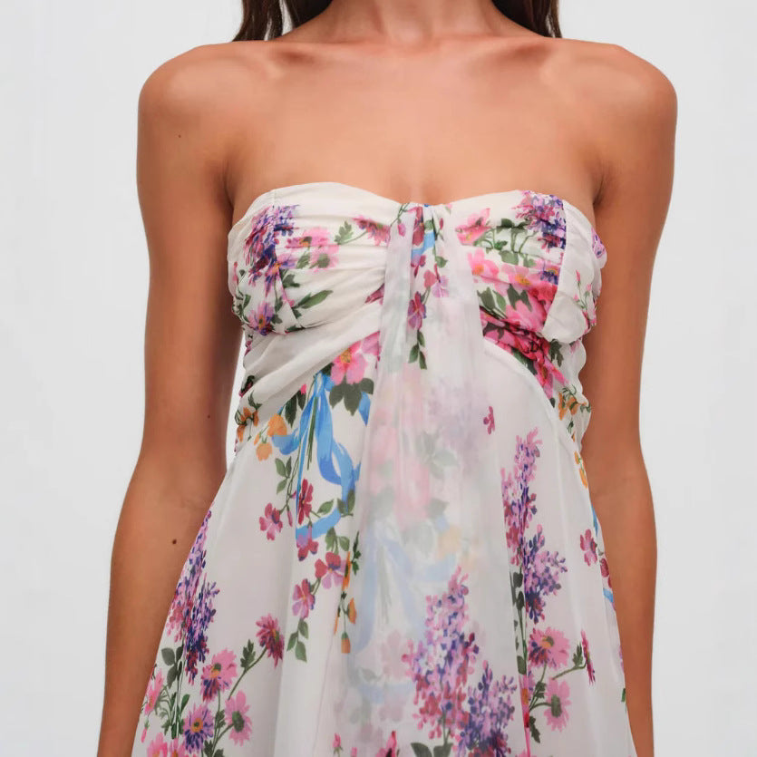Women's strapless chiffon summer dress with floral pattern bandeau top and ruffle trim Mune Fashion