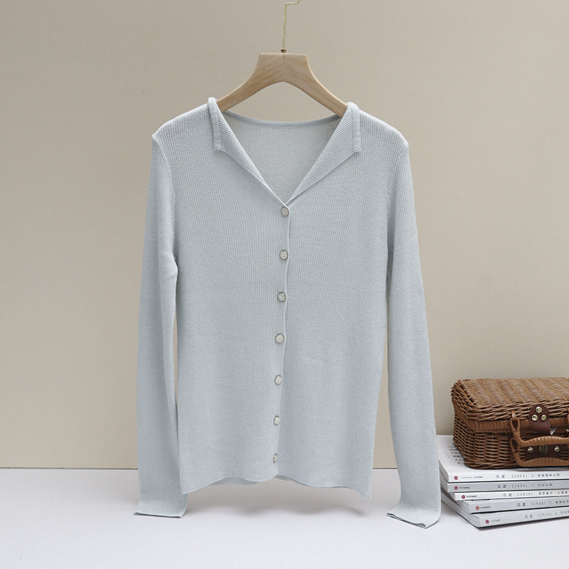 Women's light fine knit cardigan with open shirt collar and shimmering button placket Mune Fashion