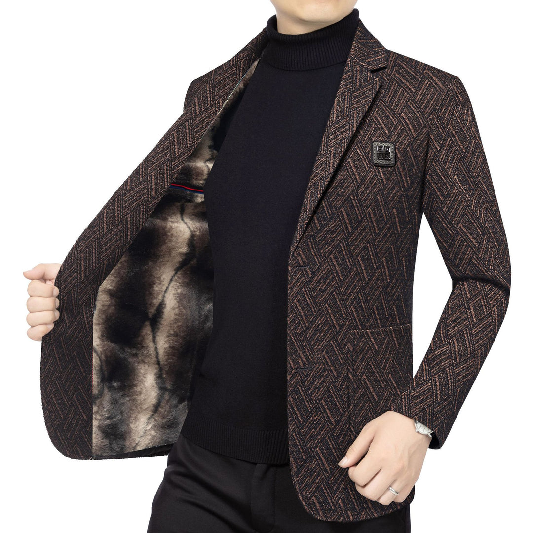 Men's Tailored Wool Look Blazer with Soft Faux Fur Lining and Herringbone Pattern Mune Fashion