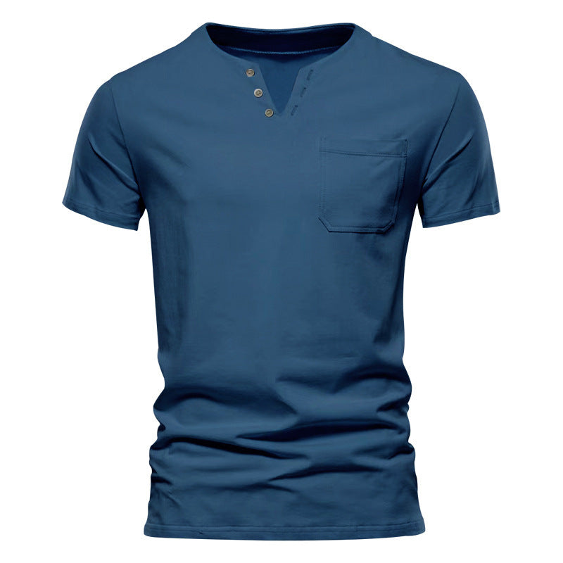 Men's tailored short sleeve Henley shirt with chest pocket and asymmetrical button placket Mune Fashion