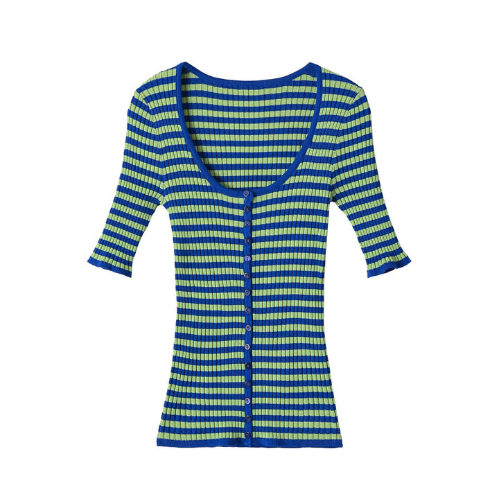 Women Ribbed Short Sleeve Button Cardigan with Deep Round Neck and Figure-Hugging Fit Mune Fashion