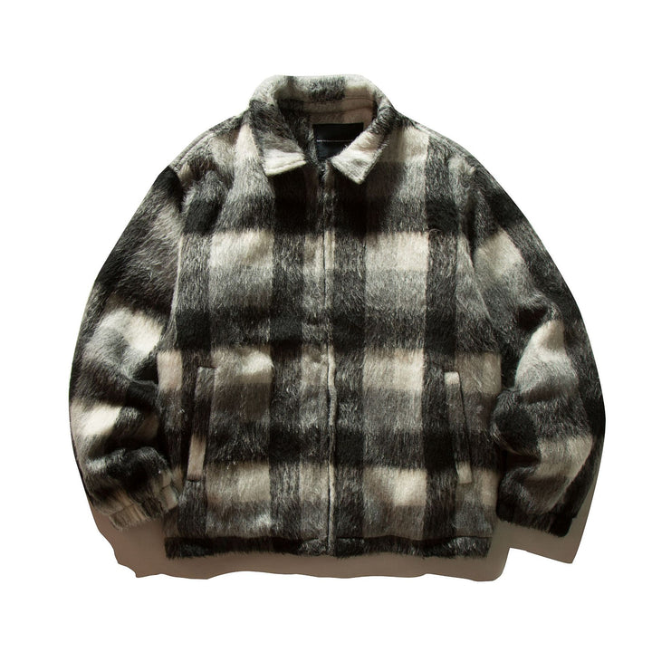 Unisex Short-cut checkered faux fur bomber jacket with stand-up collar and concealed zipper Mune Fashion