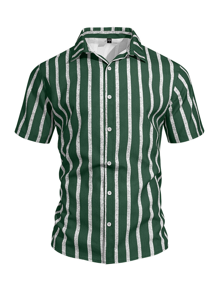 Men's casual short sleeve shirt with vertical block stripes, open lapel collar, and lightweight cotton-linen blend Mune Fashion