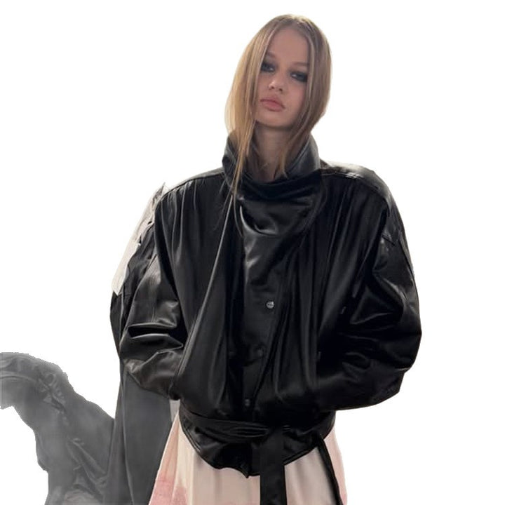 Ladies Oversize Faux Leather Bomber Jacket with High Standing Collar and Waist Belt Mune Fashion