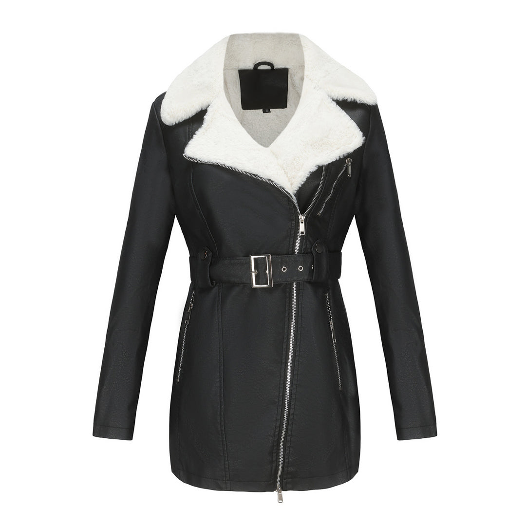 Ladies tailored coat in lambskin look with asymmetrical zipper and wide waist belt Mune Fashion
