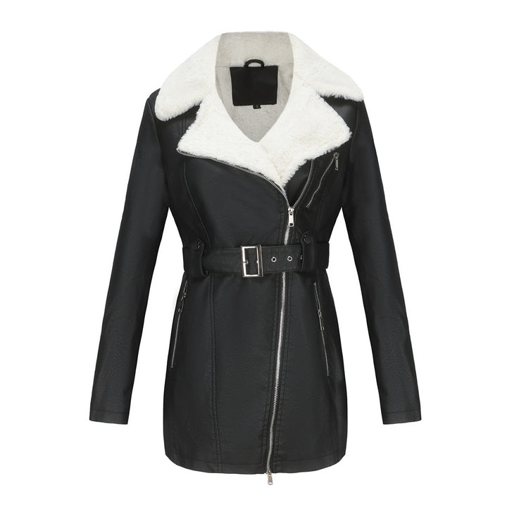 Ladies tailored coat in lambskin look with asymmetrical zipper and wide waist belt Mune Fashion