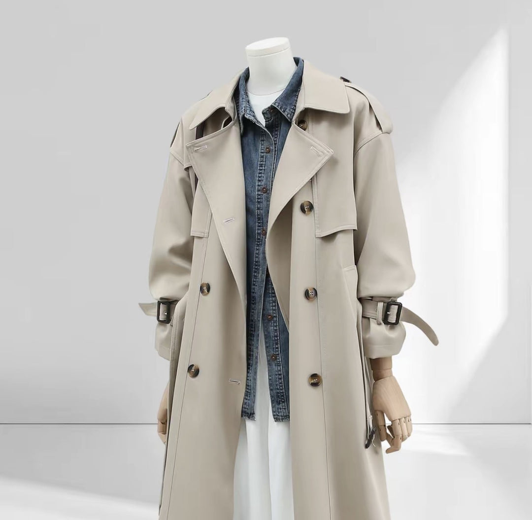 Women Long Trench Coat with High Collar, Double Storm Flap and Adjustable Cuffs Mune Fashion