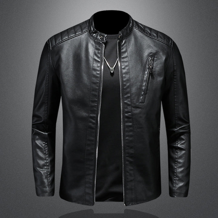 Men's Slim Leather Jacket in Biker Look with Stand-Up Collar and Vertical Chest Pocket Mune Fashion