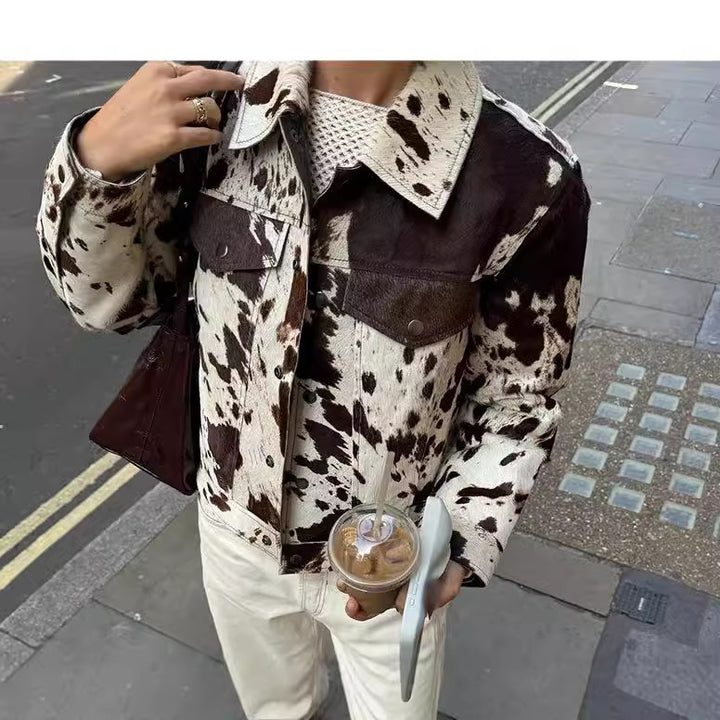 Women's Cropped Shirt Jacket with Cow Spot Pattern and Patch Chest Pockets Mune Fashion