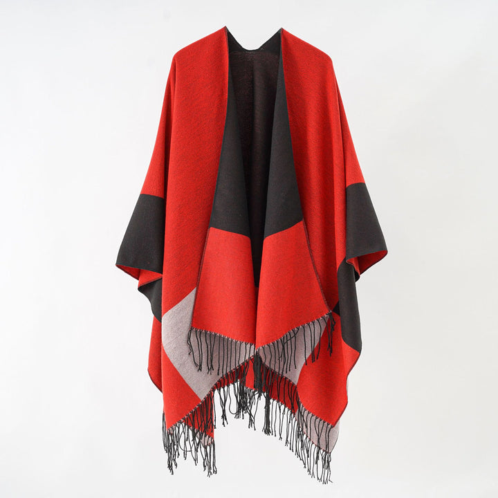 Women's Oversize Ruana made from wool blend with color block design and fringes Mune Fashion