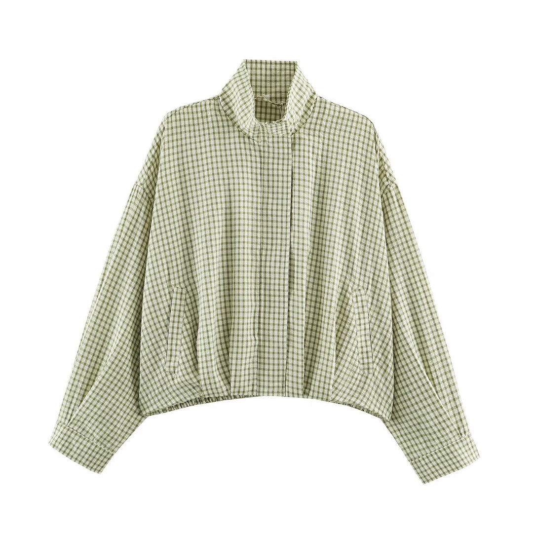 Women Check Transitional Jacket in Oversized Cropped Cut with High Stand-Up Collar Mune Fashion