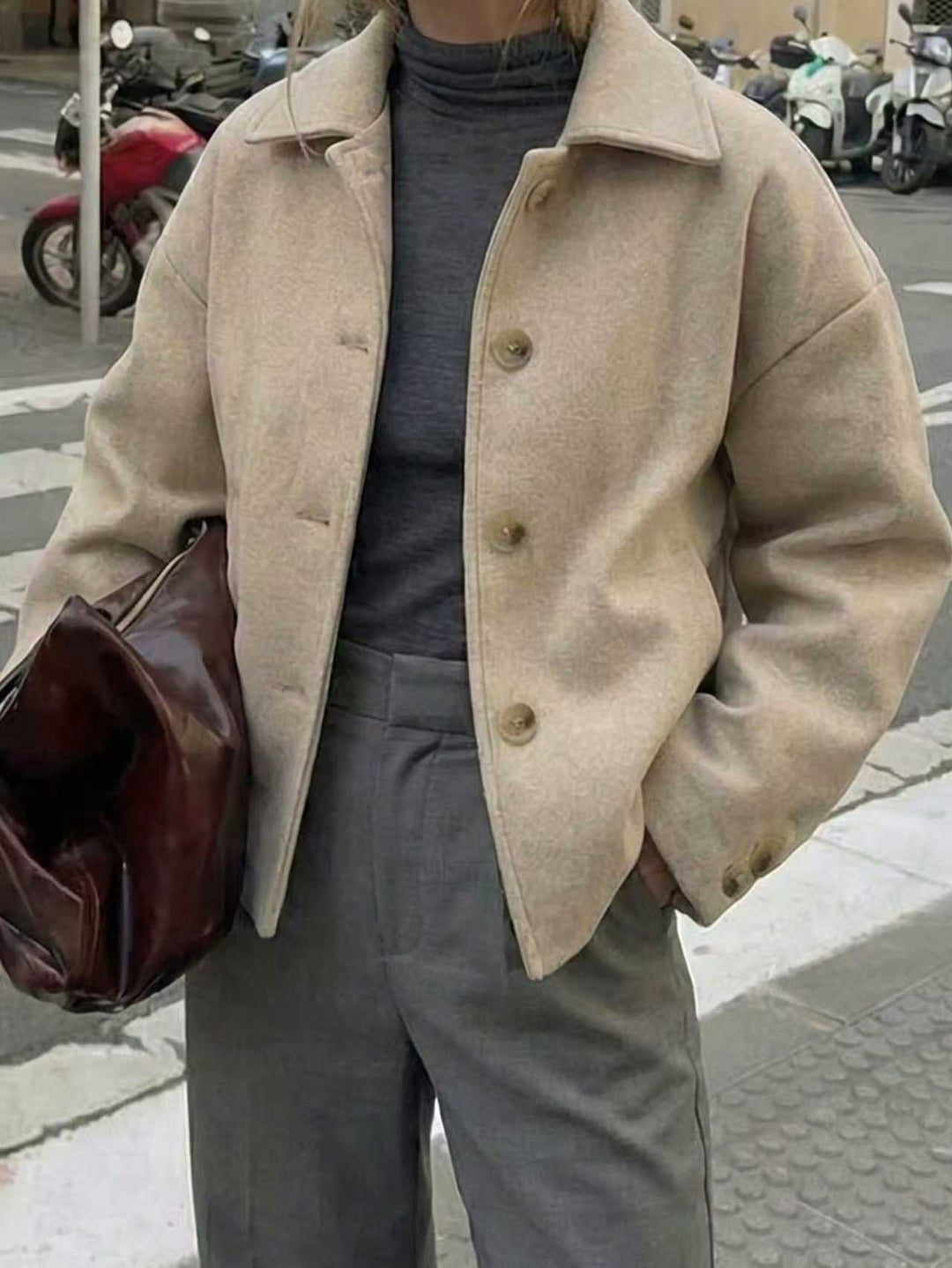 Women's Oversize Wool Blend Jacket with Large Decorative Buttons and Wide Cuffs Mune Fashion